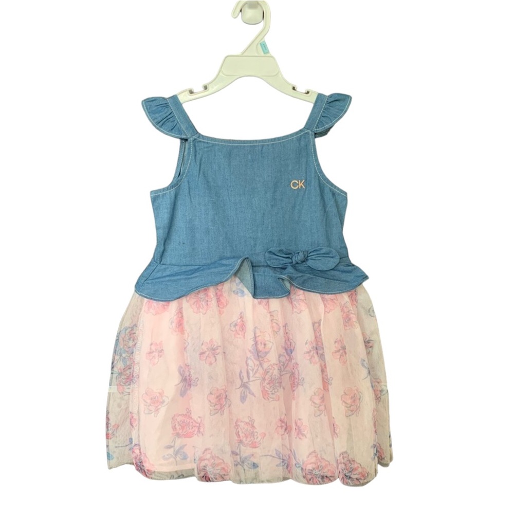 Calvin Klein Girls Denim Bodice Sleeveless and Floral Tulle Dress